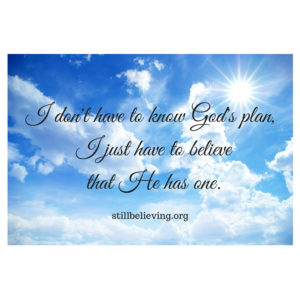 I don't have to know God's plan, I just have to believe (trust)that He has one.
